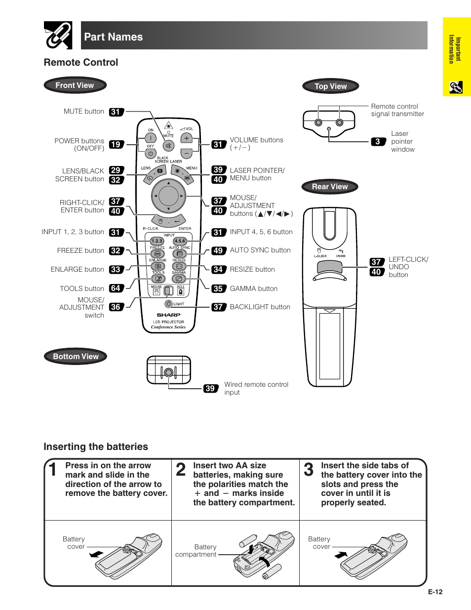 Part names, Inserting the batteries, Remote control | Sharp Conference Series XG-V10WU User Manual | Page 13 / 90