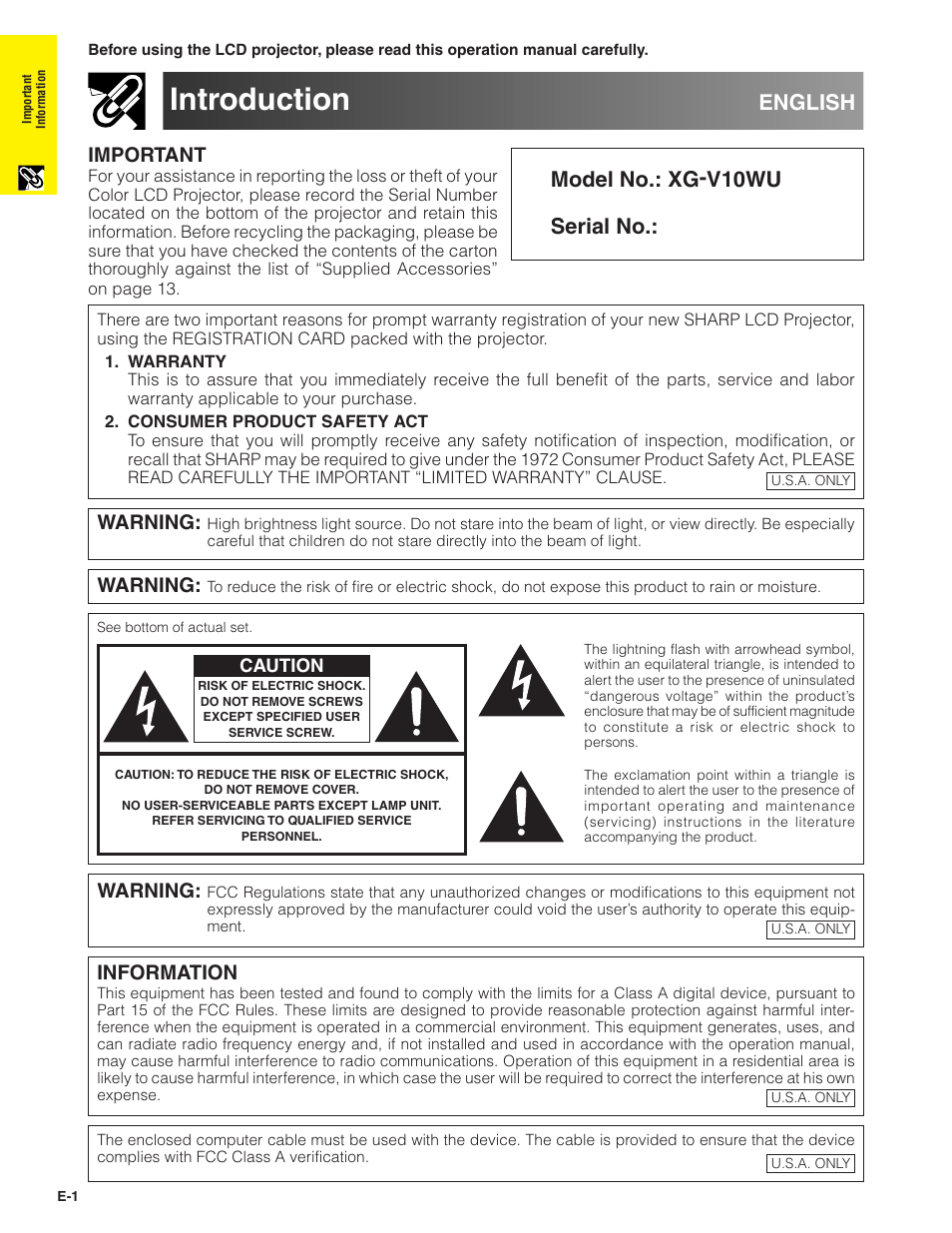 Important information, Introduction, Important | Information, Model no.: xg-v10wu serial no, English, Warning | Sharp Conference Series XG-V10WU User Manual | Page 2 / 90