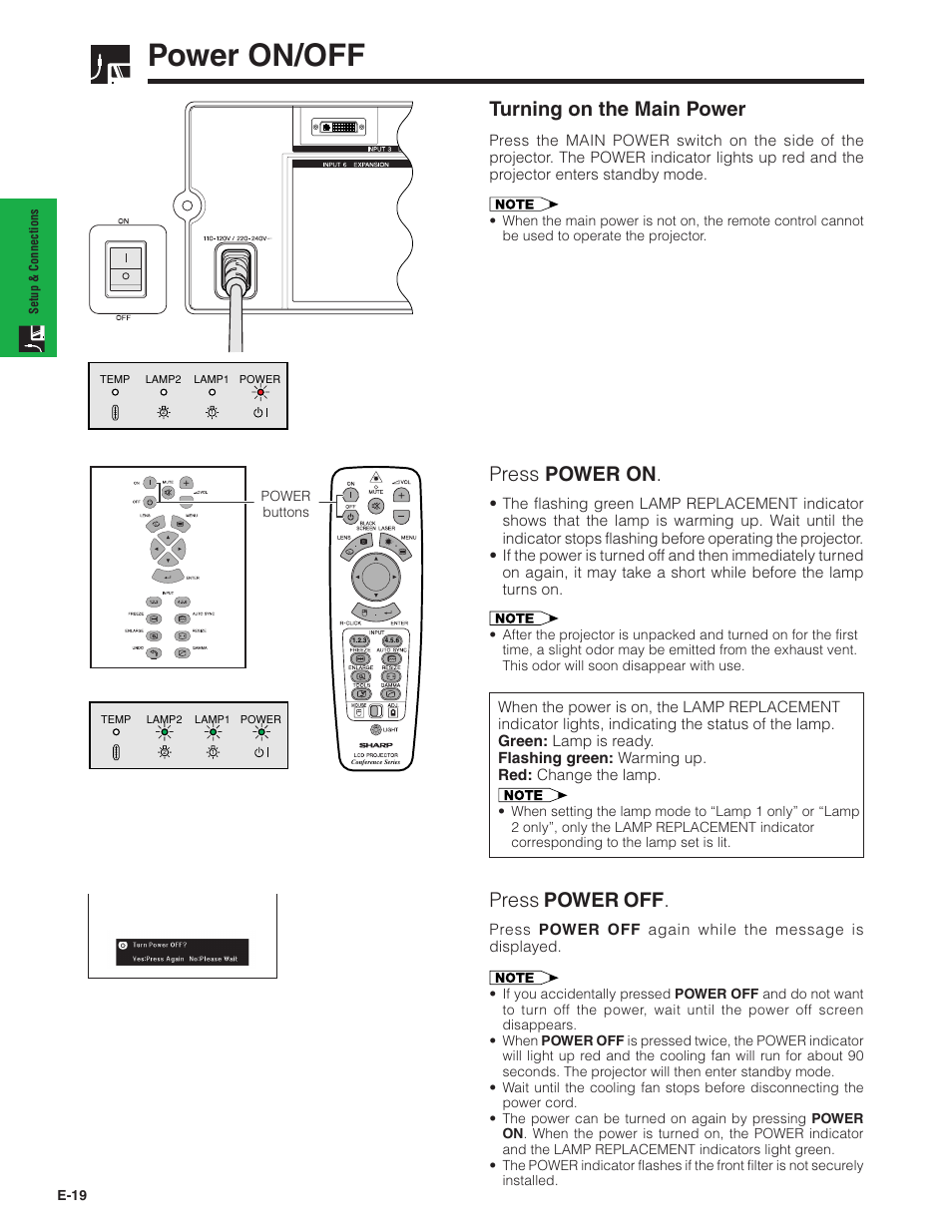 Power on/off, Turning on the main power, Press power on | Press power off | Sharp Conference Series XG-V10WU User Manual | Page 20 / 90