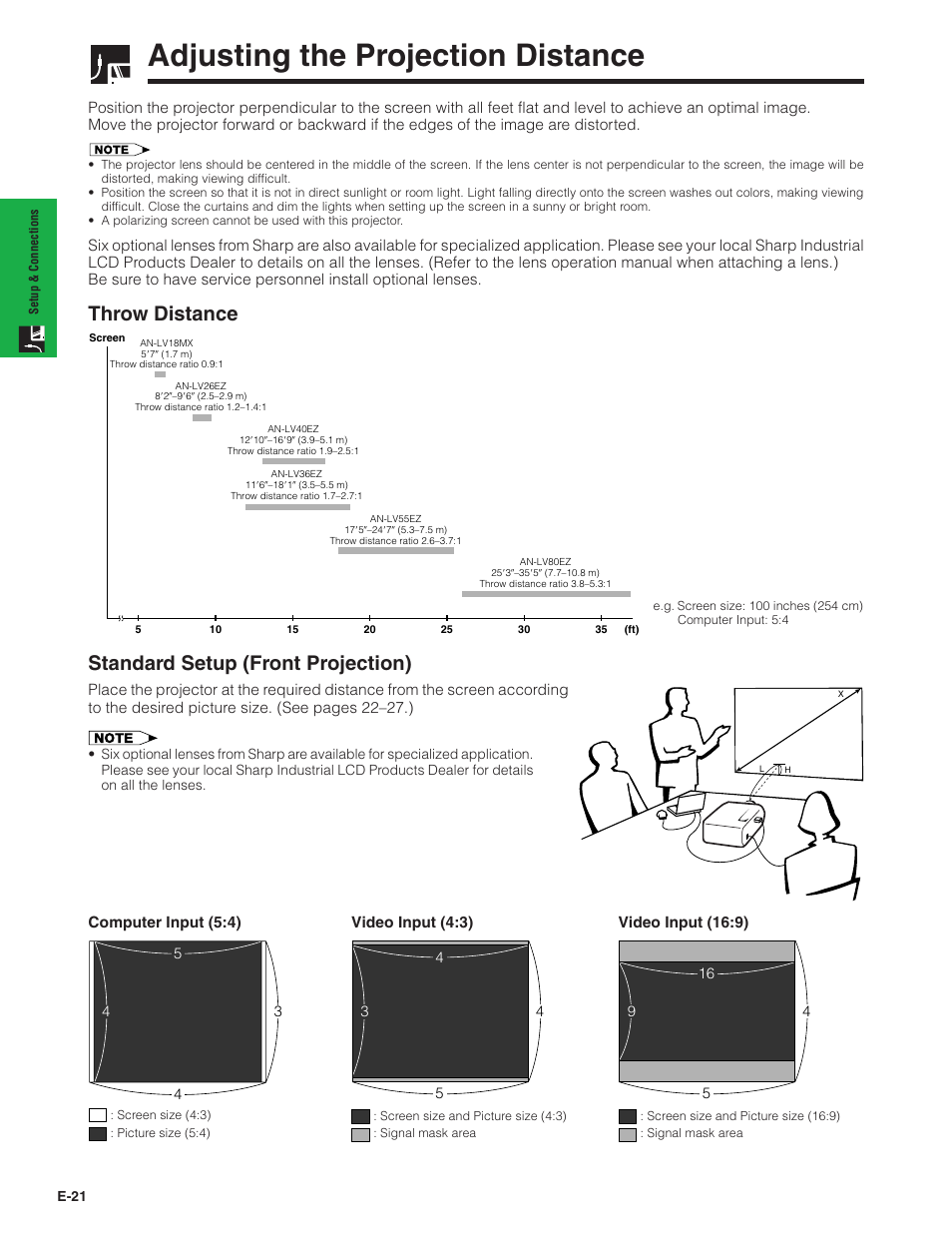 Adjusting the projection distance, Throw distance, Standard setup (front projection) | Sharp Conference Series XG-V10WU User Manual | Page 22 / 90