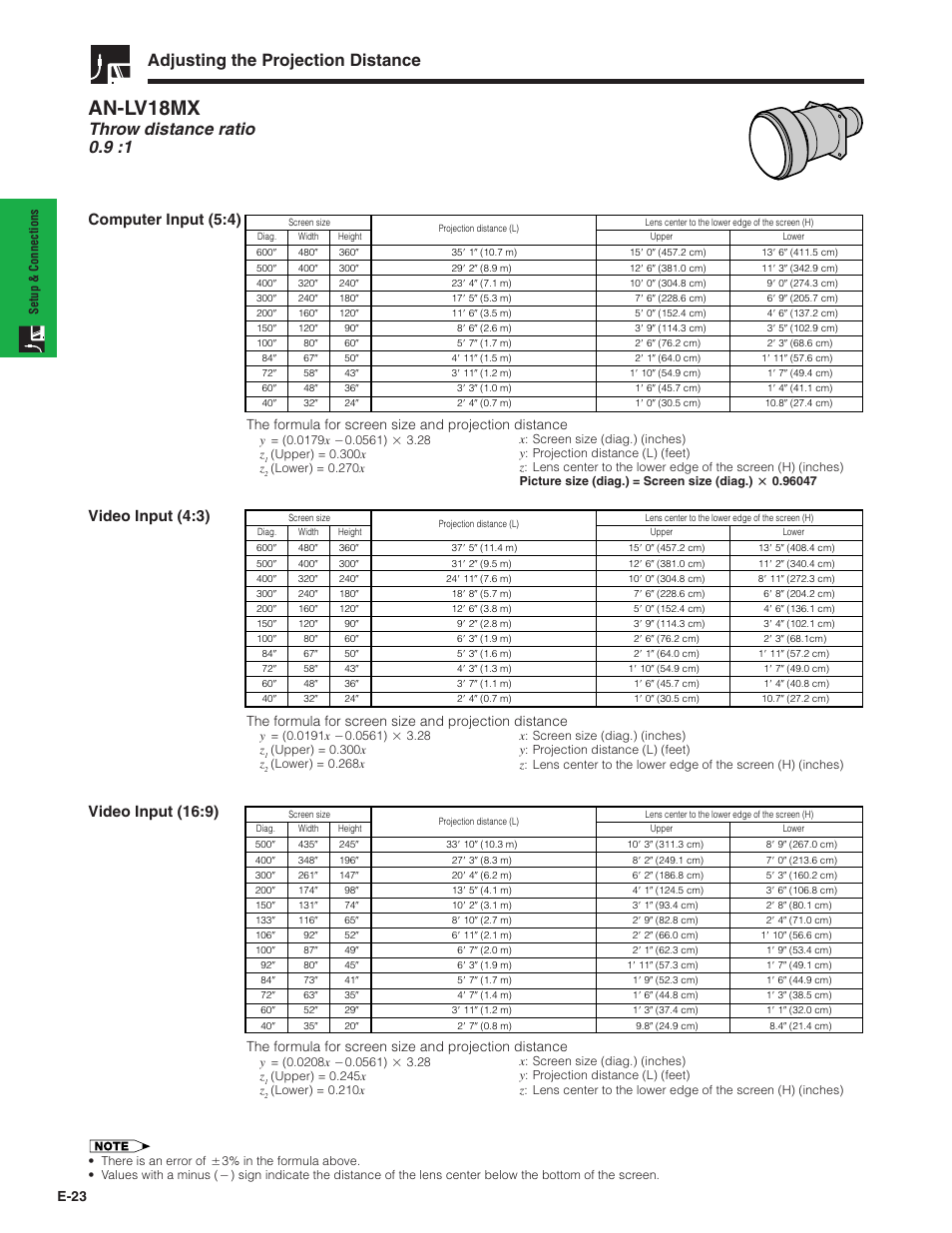 An-lv18mx, Adjusting the projection distance, Throw distance ratio 0.9 :1 | E-23 | Sharp Conference Series XG-V10WU User Manual | Page 24 / 90