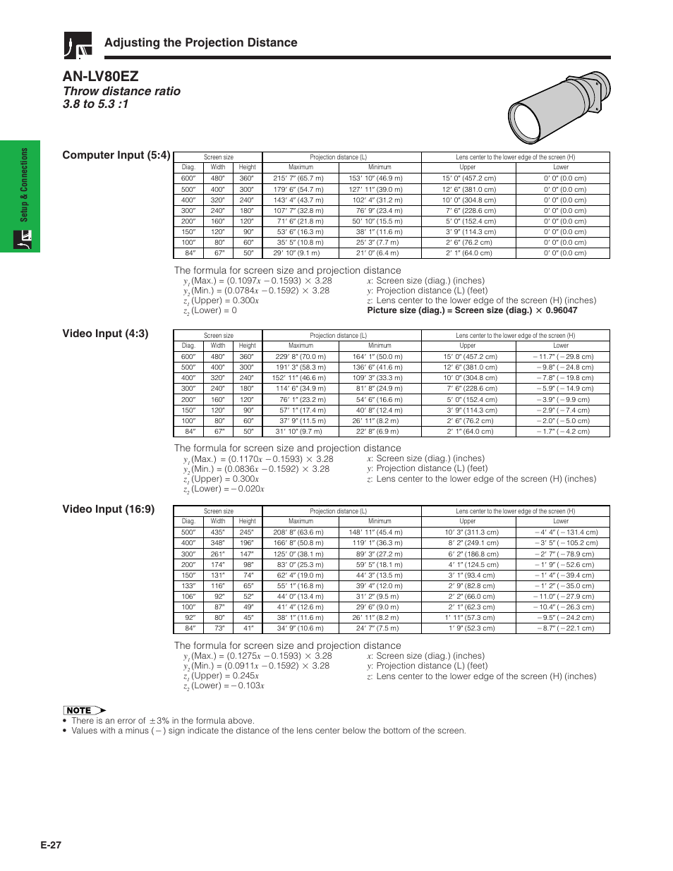 An-lv80ez, Adjusting the projection distance, Computer input (5:4) | Video input (4:3), Video input (16:9), E-27 | Sharp Conference Series XG-V10WU User Manual | Page 28 / 90