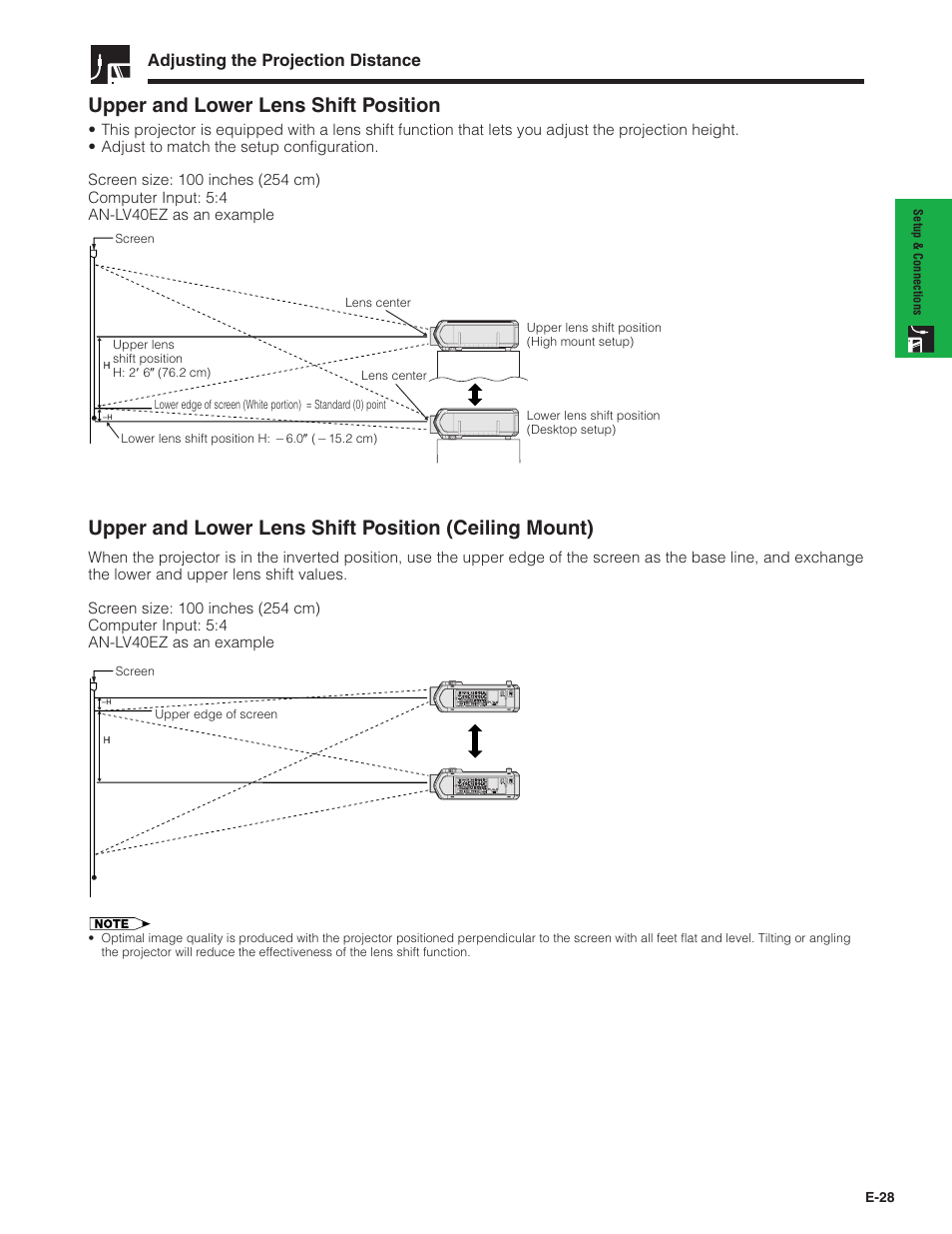 Upper and lower lens shift position, Adjusting the projection distance | Sharp Conference Series XG-V10WU User Manual | Page 29 / 90