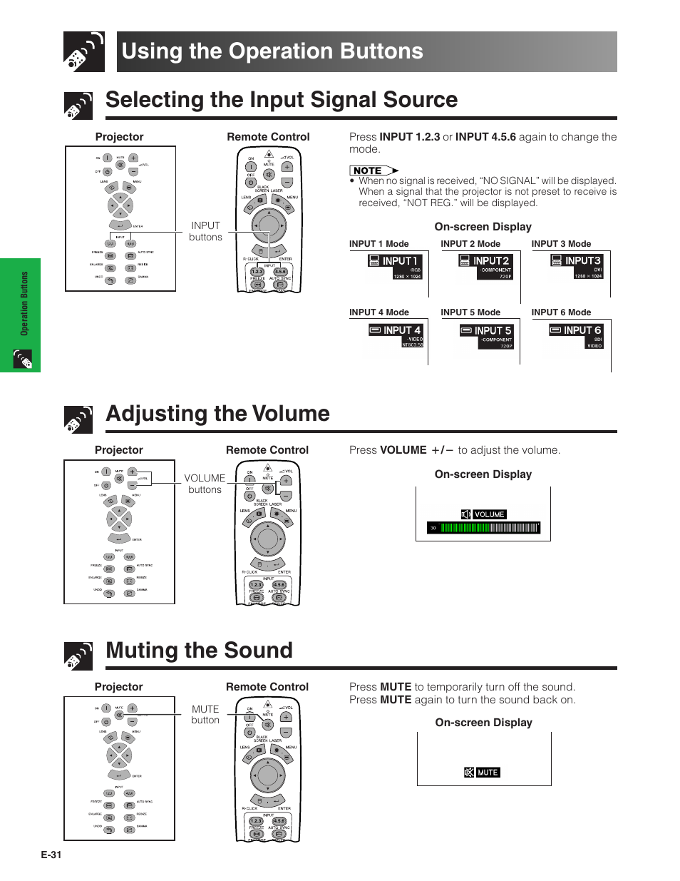 Operation buttons, Using the operation buttons, Selecting the input signal source | Adjusting the volume, Muting the sound | Sharp Conference Series XG-V10WU User Manual | Page 32 / 90