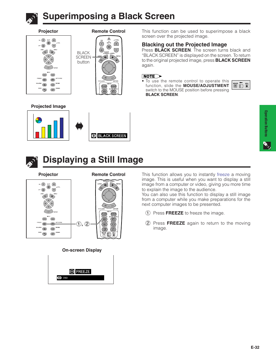 Superimposing a black screen, Displaying a still image | Sharp Conference Series XG-V10WU User Manual | Page 33 / 90