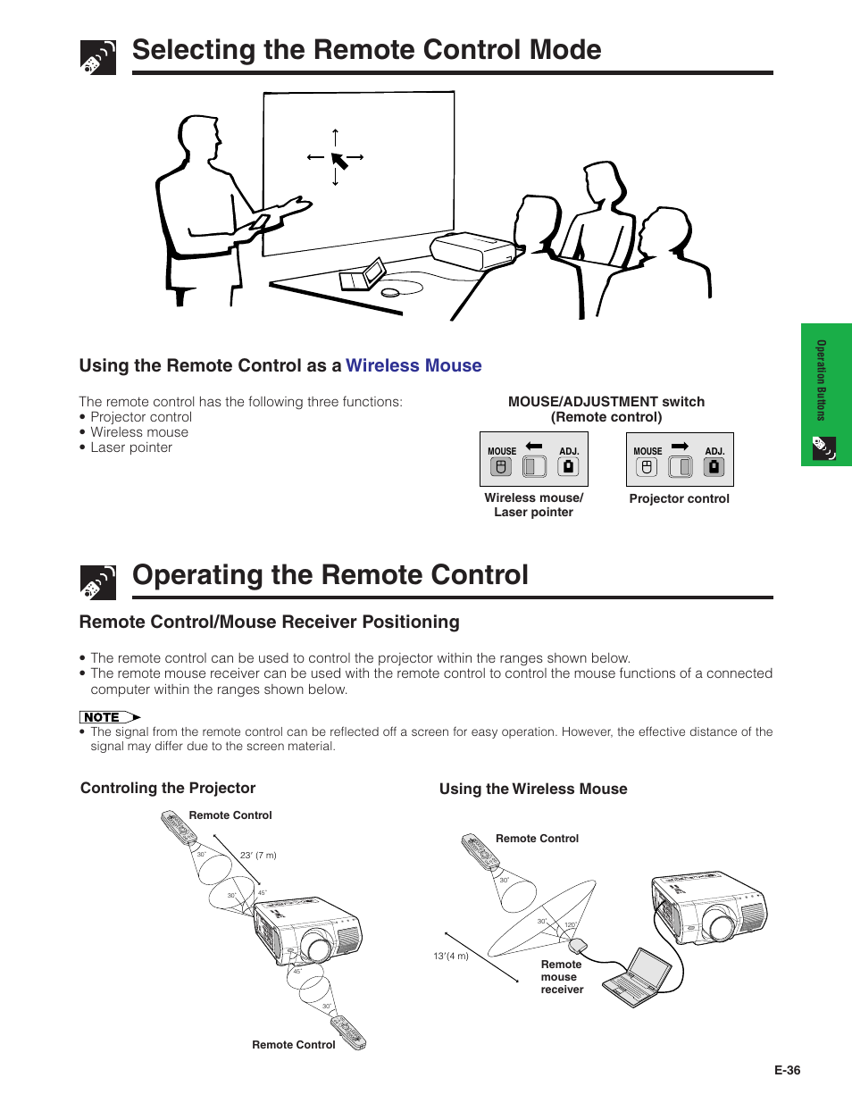 Selecting the remote control mode, Operating the remote control, Using the remote contr ol as a wireless mouse | Remote control/mouse receiver positioning, Controling the projector using the wireless mouse | Sharp Conference Series XG-V10WU User Manual | Page 37 / 90