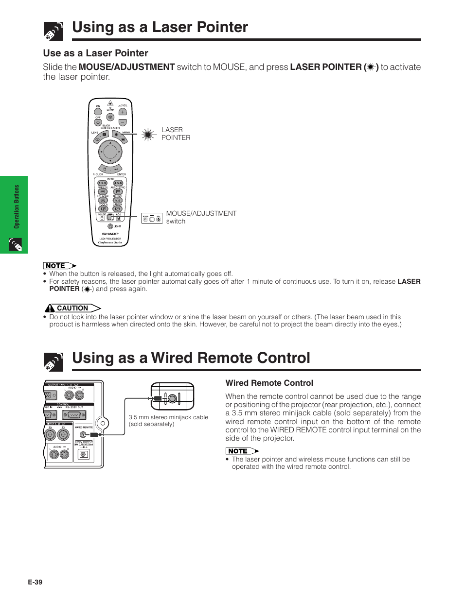 Using as a laser pointer, Using as a wired remote control, Use as a laser pointer | Sharp Conference Series XG-V10WU User Manual | Page 40 / 90