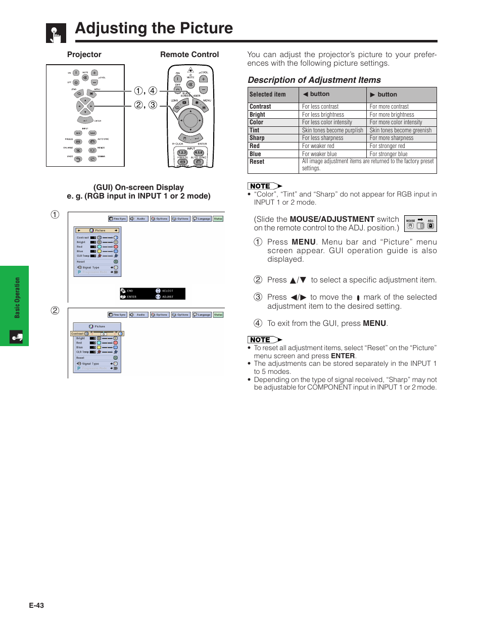 Adjusting the picture | Sharp Conference Series XG-V10WU User Manual | Page 44 / 90