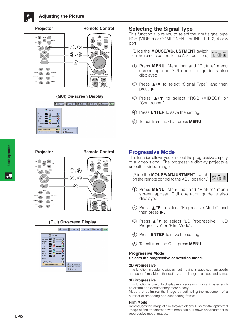 Selecting the signal type, Progressive mode, Adjusting the picture | Sharp Conference Series XG-V10WU User Manual | Page 46 / 90