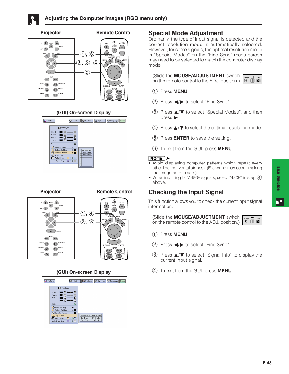 Special mode adjustment, Checking the input signal, Adjusting the computer images (rgb menu only) | Sharp Conference Series XG-V10WU User Manual | Page 49 / 90