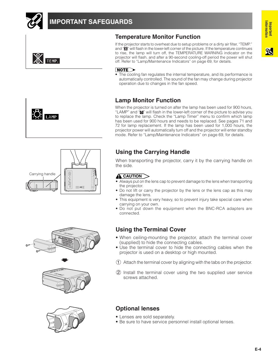 Important safeguards, Temperature monitor function, Lamp monitor function | Using the carrying handle, Using the terminal cover, Optional lenses | Sharp Conference Series XG-V10WU User Manual | Page 5 / 90