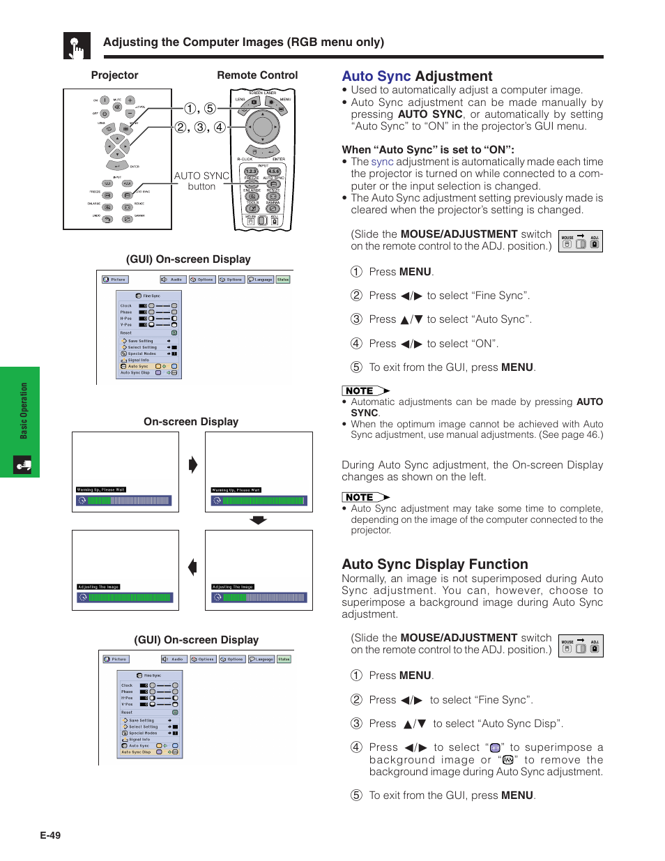 Gs f, Auto sync adjustment, Auto sync display function | Sharp Conference Series XG-V10WU User Manual | Page 50 / 90