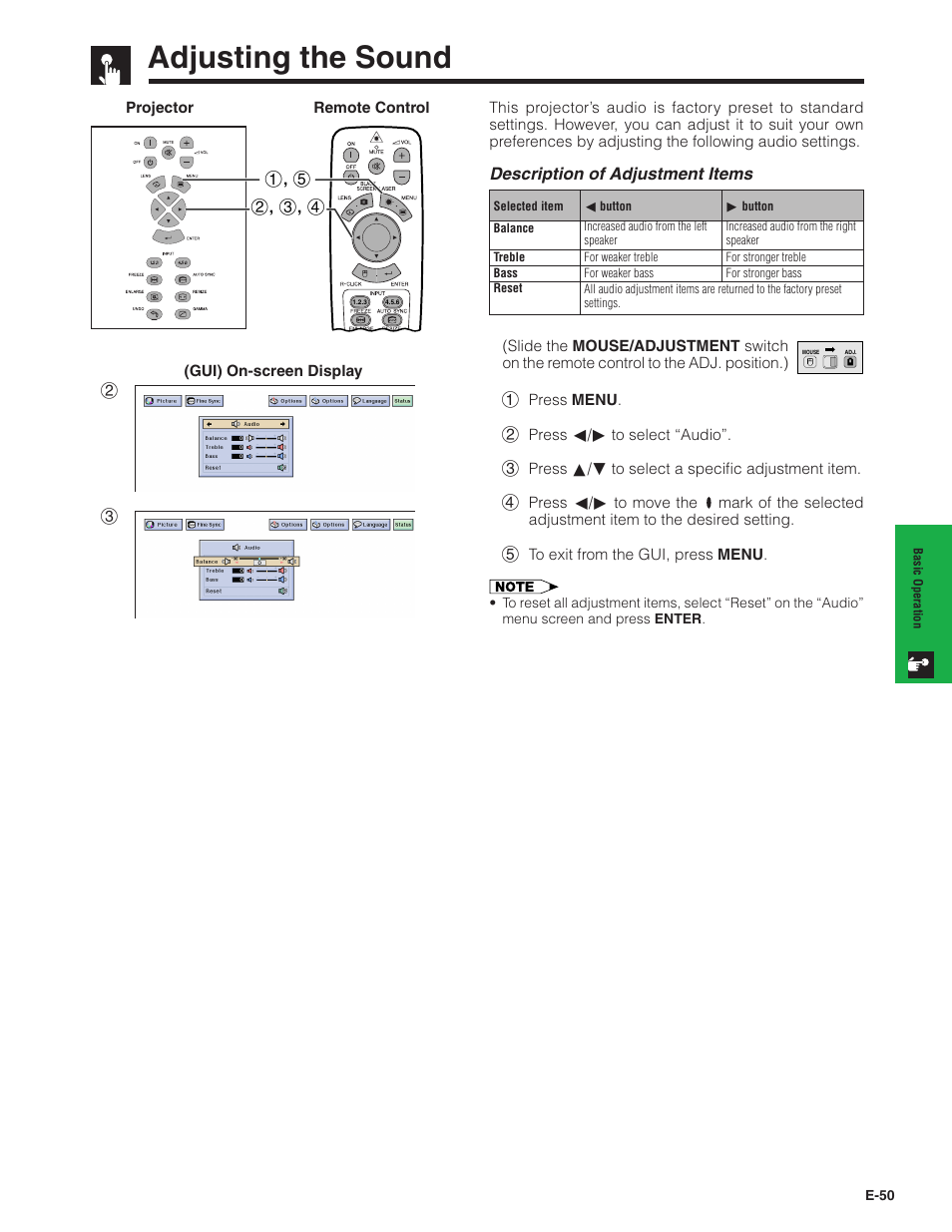 Adjusting the sound, Description of adjustment items | Sharp Conference Series XG-V10WU User Manual | Page 51 / 90
