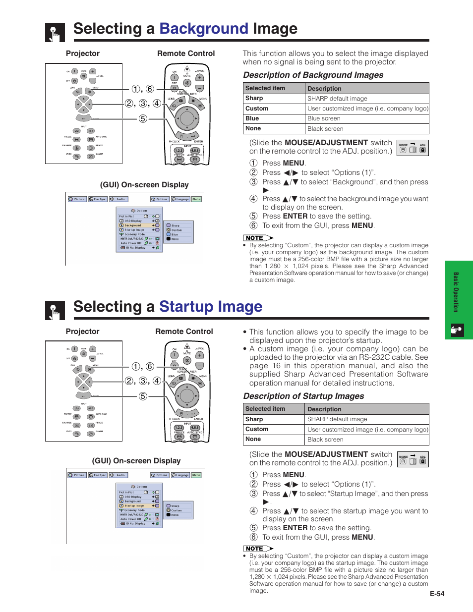 Selecting a background image, Selecting a startup image | Sharp Conference Series XG-V10WU User Manual | Page 55 / 90