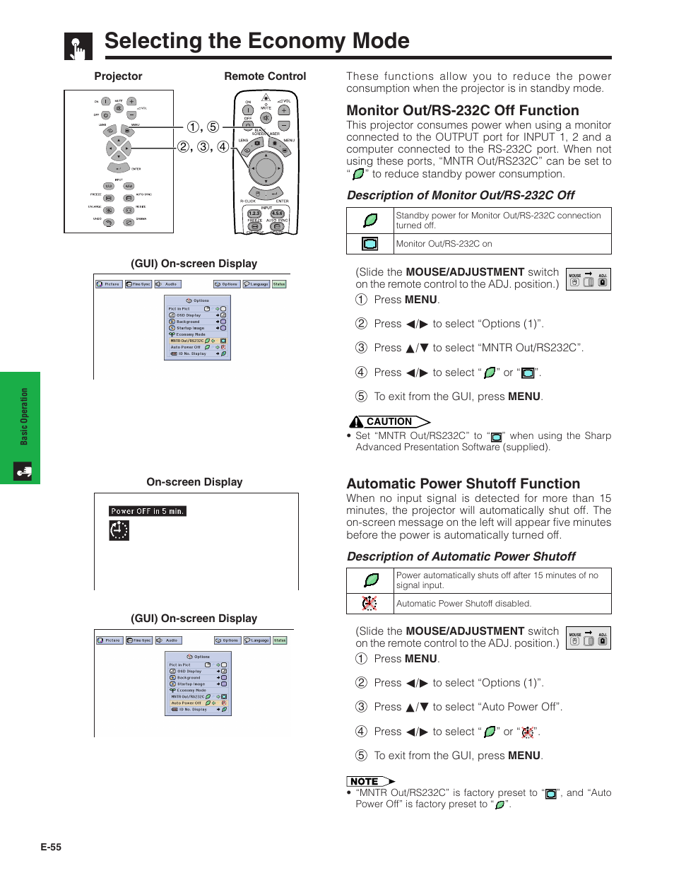 Selecting the economy mode, Monitor out/rs-232c off function, Automatic power shutoff function | Sharp Conference Series XG-V10WU User Manual | Page 56 / 90