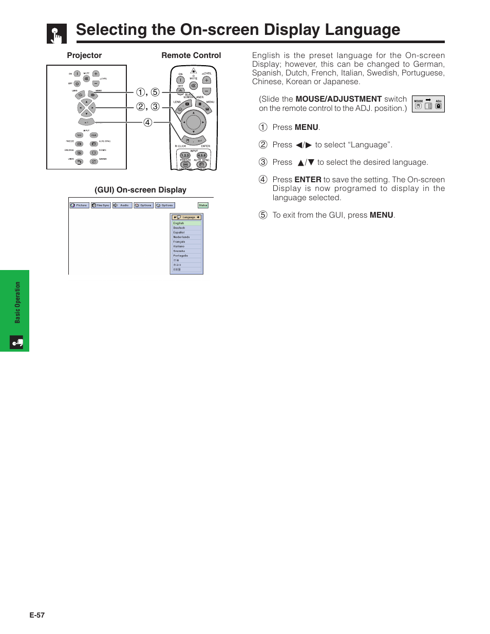 Selecting the on-screen display language, Selecting the on-screen display, Language | Sharp Conference Series XG-V10WU User Manual | Page 58 / 90