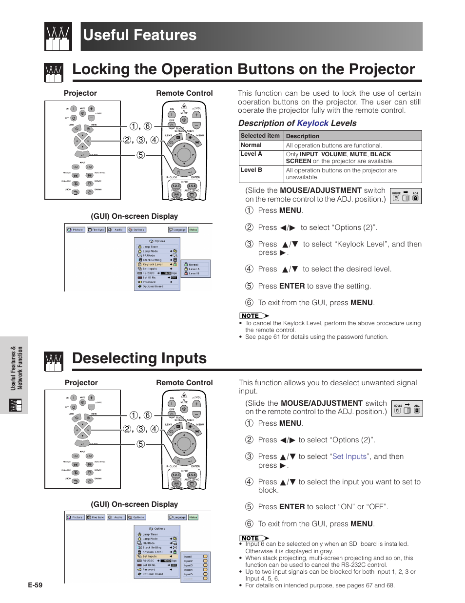 Useful features & network function, Useful features, Locking the operation buttons on the projector | Deselecting inputs, Network function, Locking the operation buttons, On the projector | Sharp Conference Series XG-V10WU User Manual | Page 60 / 90