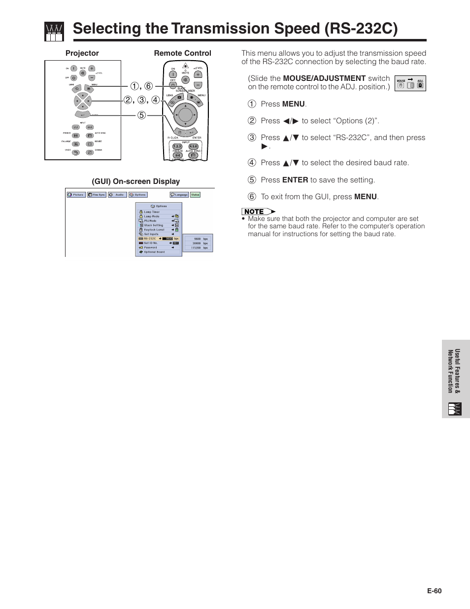 Selecting the transmission speed (rs-232c), Selecting the transmission speed, Rs-232c) | Sharp Conference Series XG-V10WU User Manual | Page 61 / 90