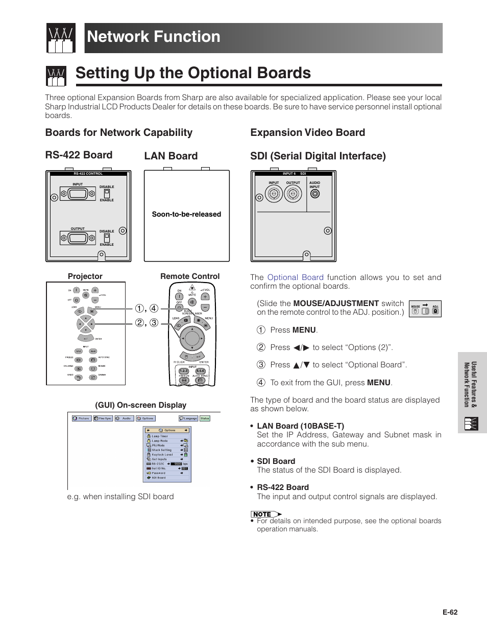 Network function, Setting up the optional boards, Setting up the optional boards network function | Sharp Conference Series XG-V10WU User Manual | Page 63 / 90