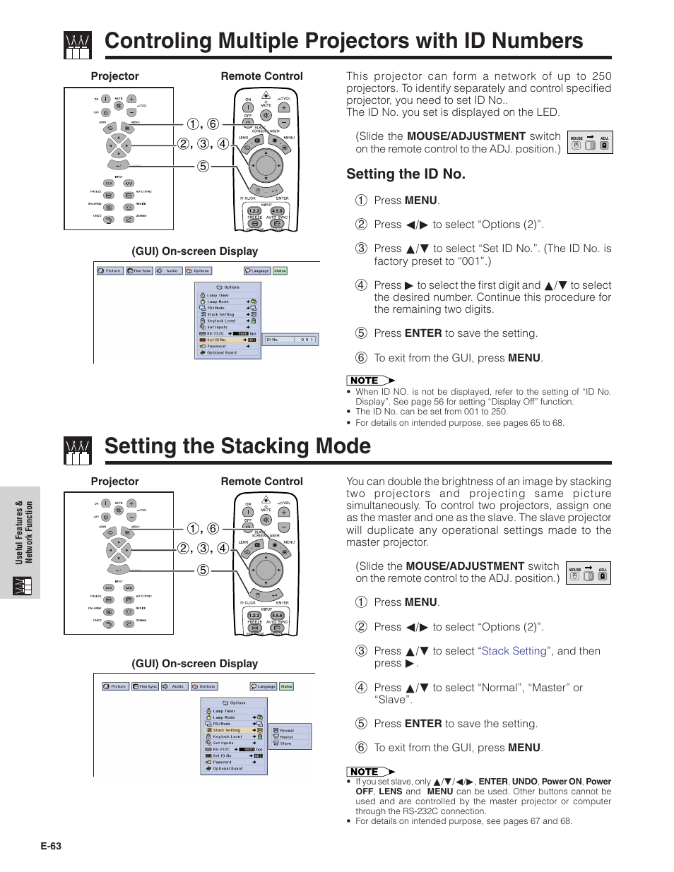 Controling multiple projectors with id numbers, Setting the stacking mode, Controling multiple projectors | With id numbers, Setting the id no | Sharp Conference Series XG-V10WU User Manual | Page 64 / 90