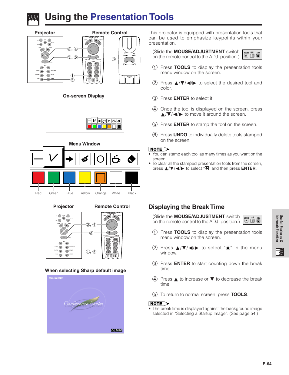 Using the presentation tools, Displaying the break time | Sharp Conference Series XG-V10WU User Manual | Page 65 / 90