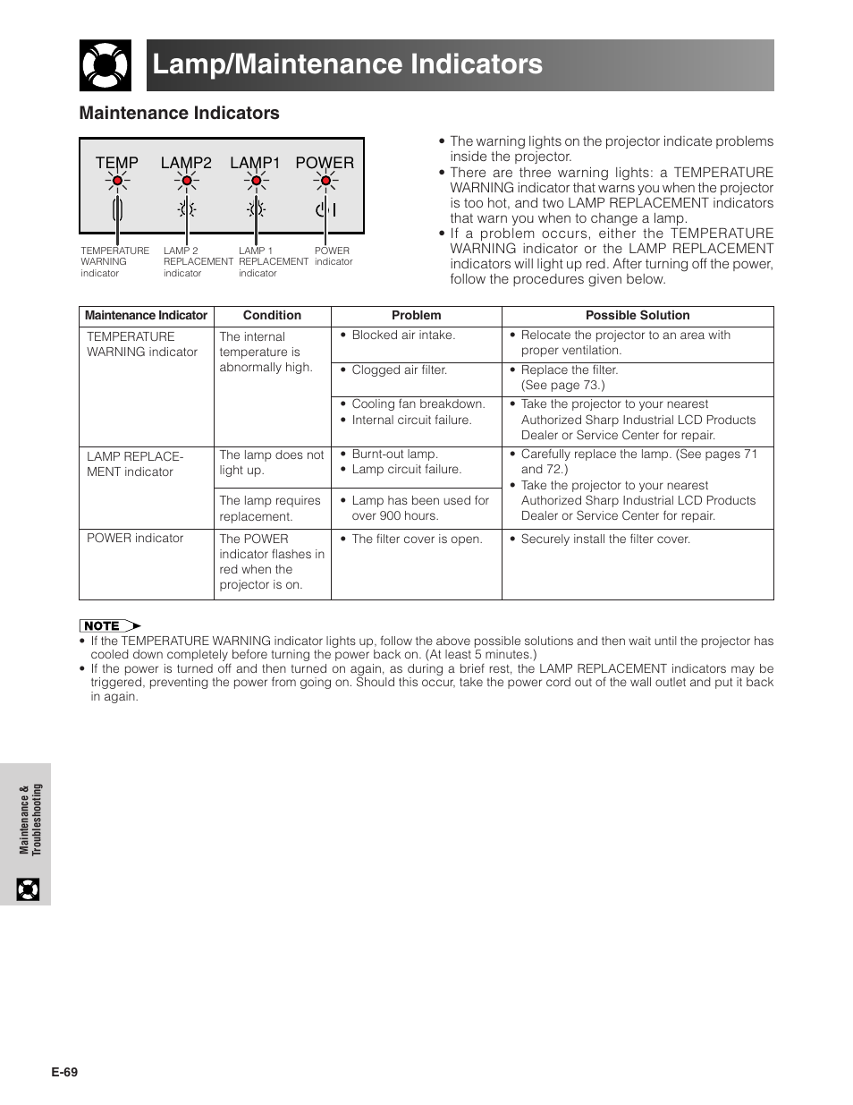 Maintenance & troubleshooting, Lamp/maintenance indicators, Maintenance | Oubleshooting, Maintenance indicators | Sharp Conference Series XG-V10WU User Manual | Page 70 / 90