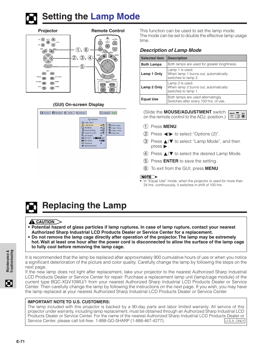 Setting the lamp mode, Replacing the lamp, Setting the lamp mode replacing the lamp | Sharp Conference Series XG-V10WU User Manual | Page 72 / 90