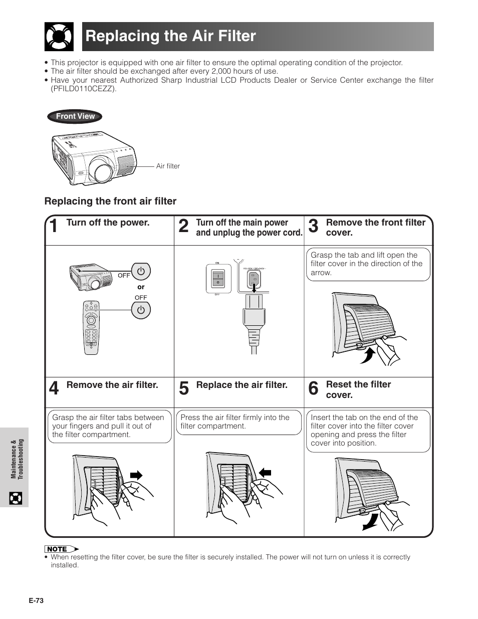 Replacing the air filter | Sharp Conference Series XG-V10WU User Manual | Page 74 / 90