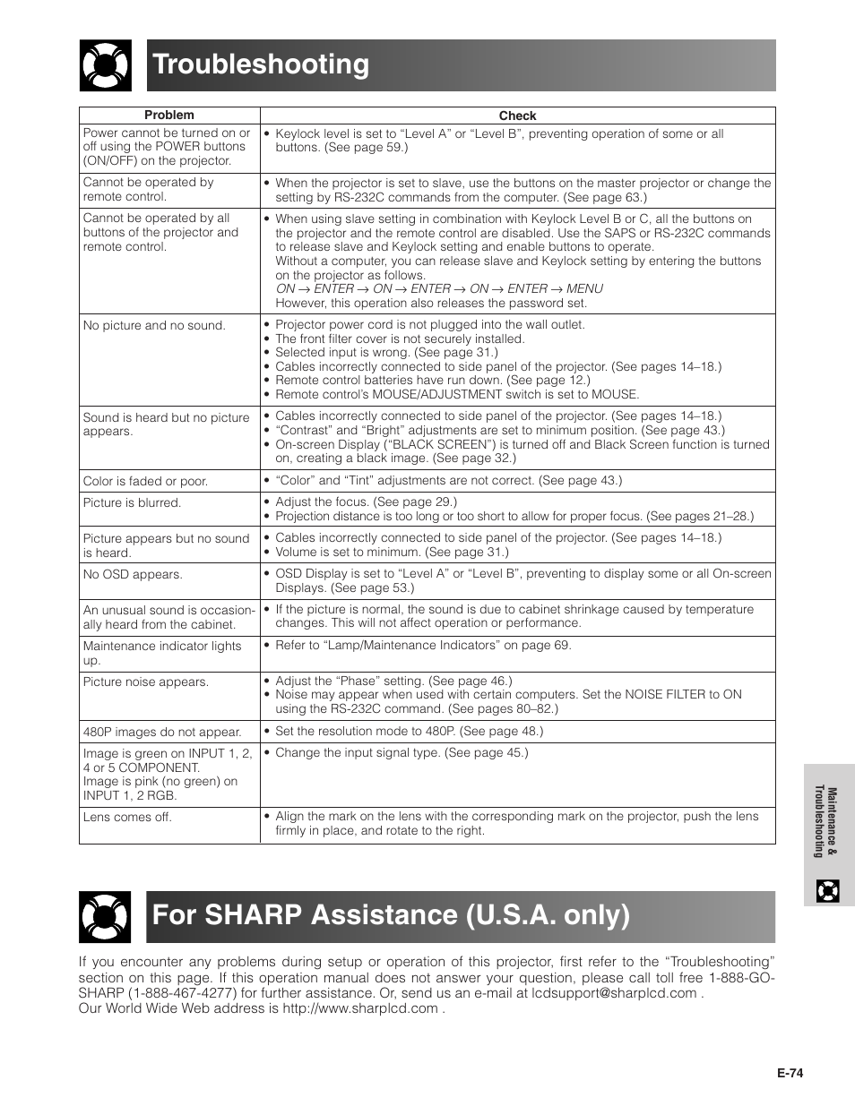 Troubleshooting, For sharp assistance (u.s.a. only), Troubleshooting for sharp assistance (u.s.a. only) | Sharp Conference Series XG-V10WU User Manual | Page 75 / 90