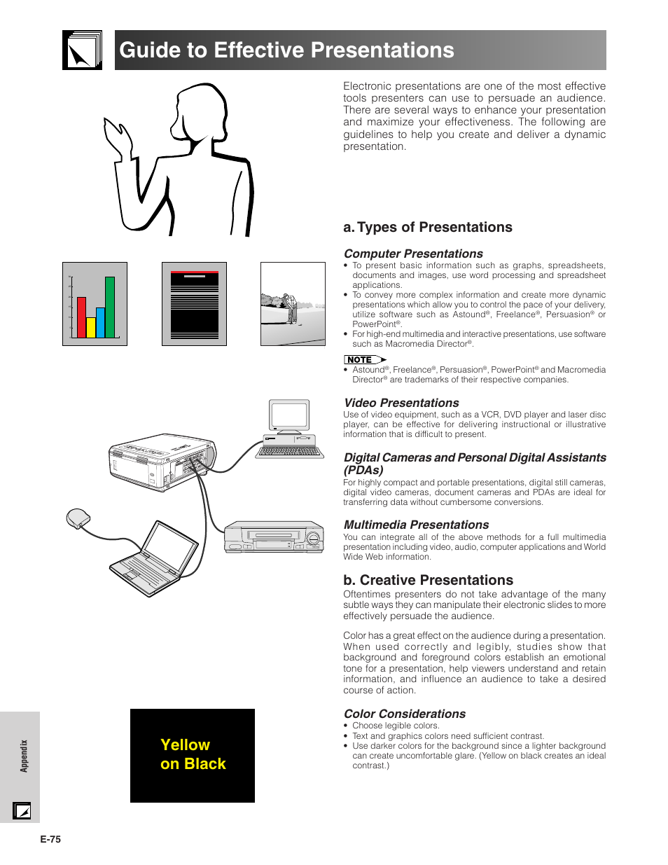 Appendix, Guide to effective presentations, Yellow on black | A. types of presentations, B. creative presentations, Computer presentations, Video presentations, Multimedia presentations, Color considerations | Sharp Conference Series XG-V10WU User Manual | Page 76 / 90