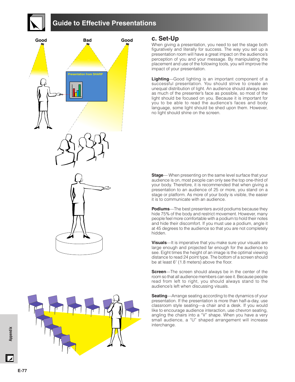 Guide to effective presentations, C. set-up | Sharp Conference Series XG-V10WU User Manual | Page 78 / 90