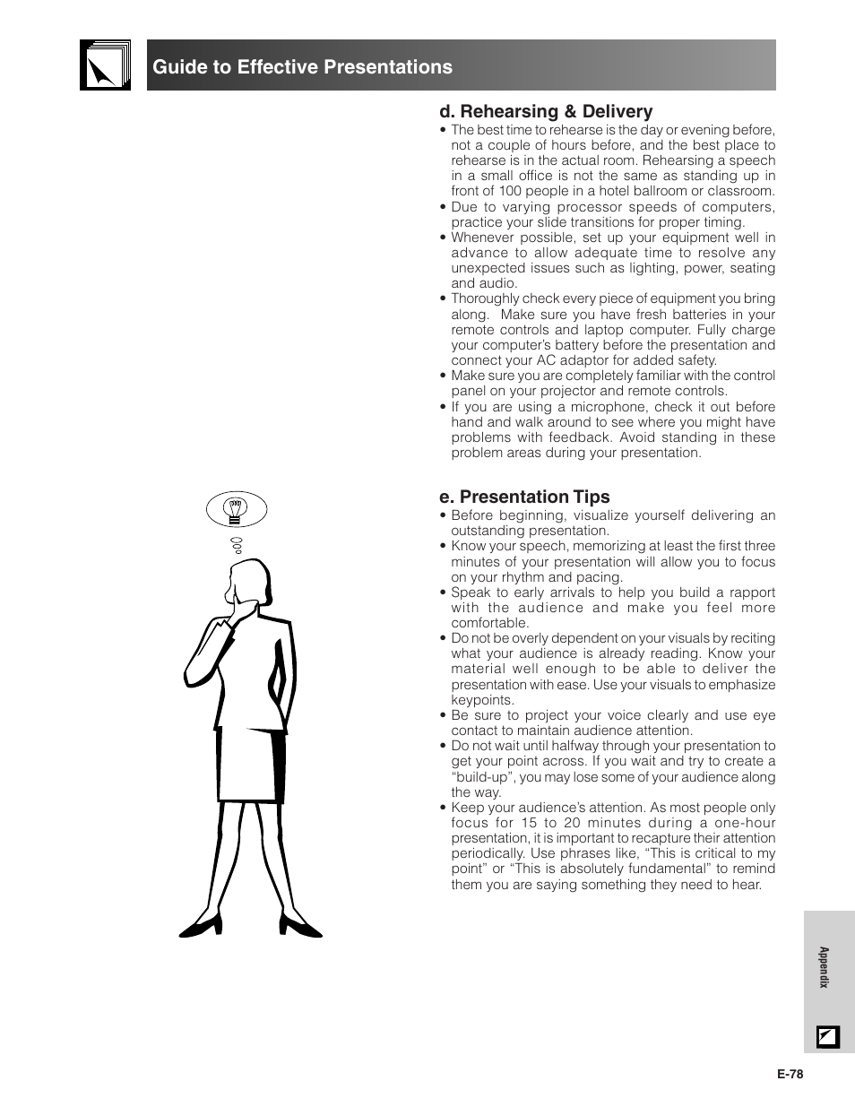 Guide to effective presentations, D. rehearsing & delivery, E. presentation tips | Sharp Conference Series XG-V10WU User Manual | Page 79 / 90