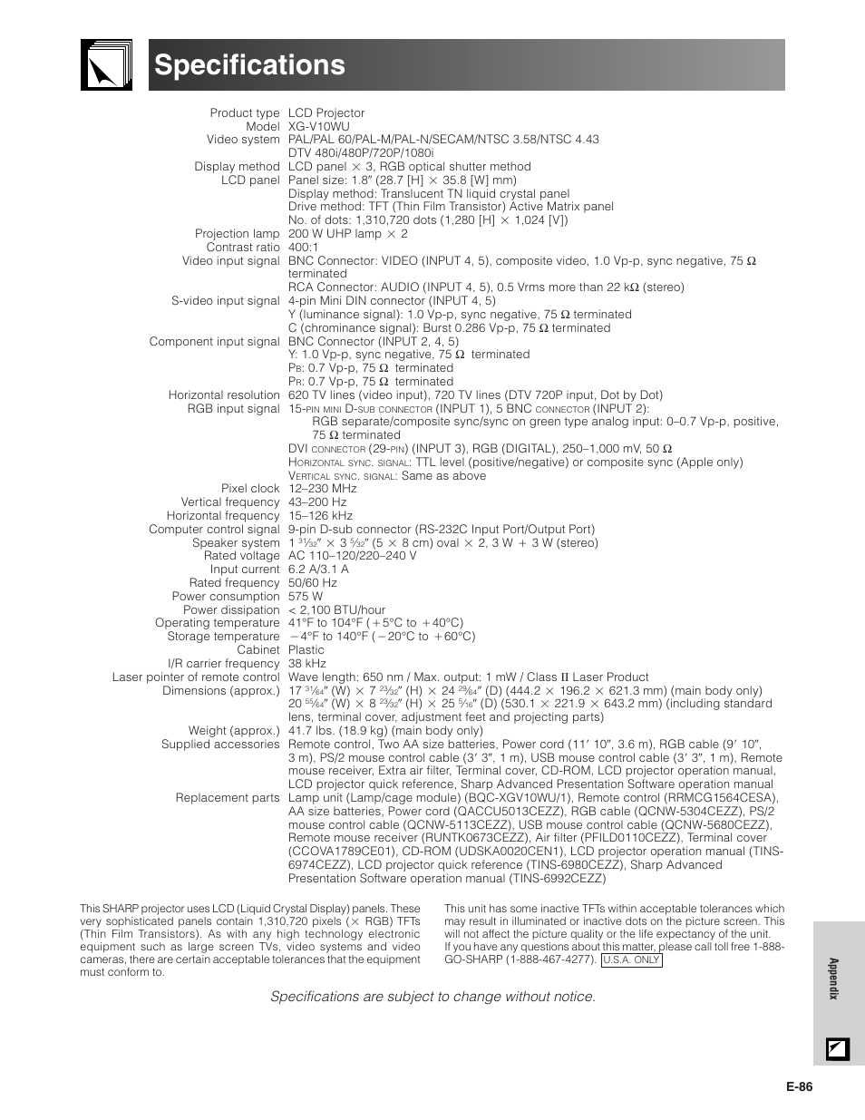 Specifications | Sharp Conference Series XG-V10WU User Manual | Page 87 / 90