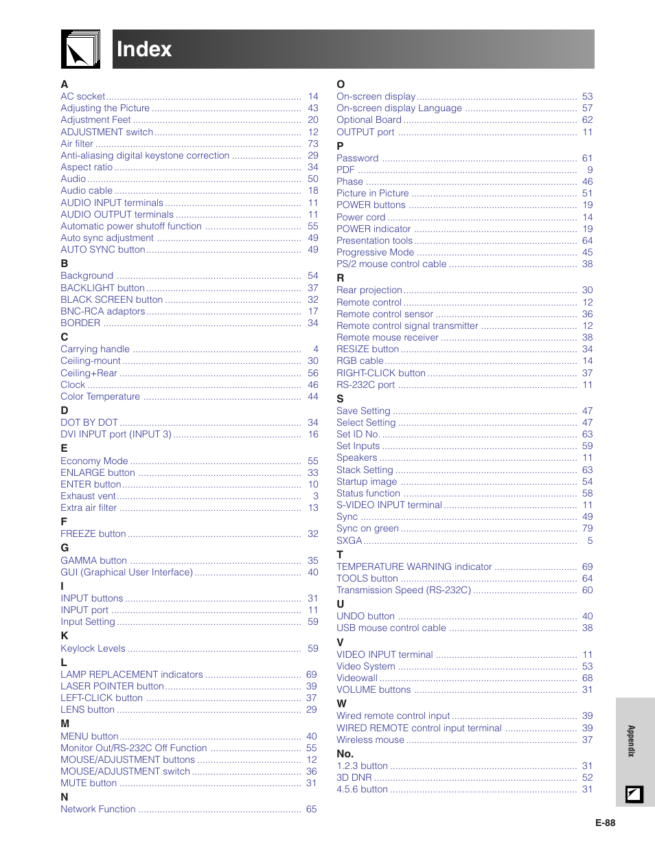 Index | Sharp Conference Series XG-V10WU User Manual | Page 89 / 90