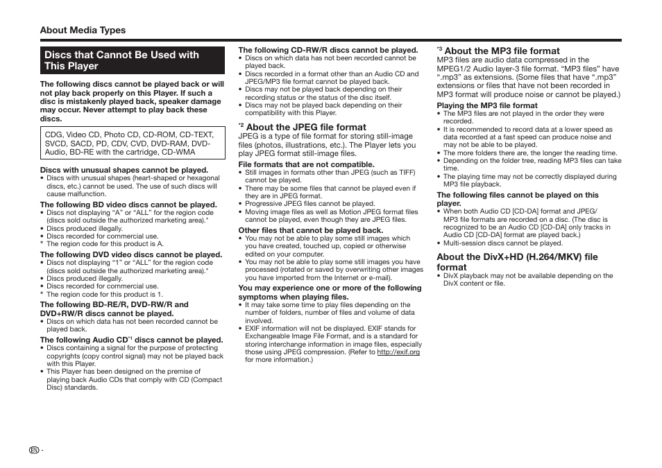 Discs that cannot be used with this player | Sharp BD-HP75U User Manual | Page 12 / 74