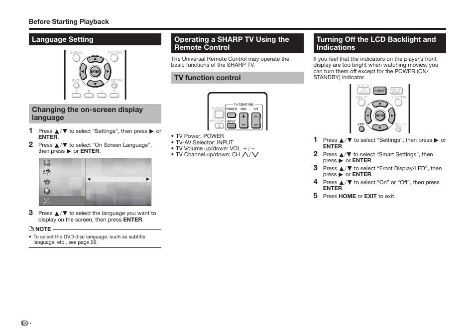 Operating a sharp tv using the remote control, Tv function control, Turning off the lcd backlight and indications | Sharp BD-HP75U User Manual | Page 24 / 74