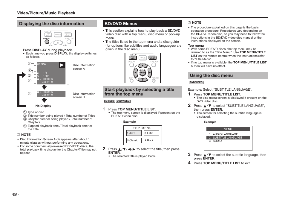 Displaying the disc information, Bd/dvd menus, Using the disc menu | Sharp BD-HP75U User Manual | Page 28 / 74