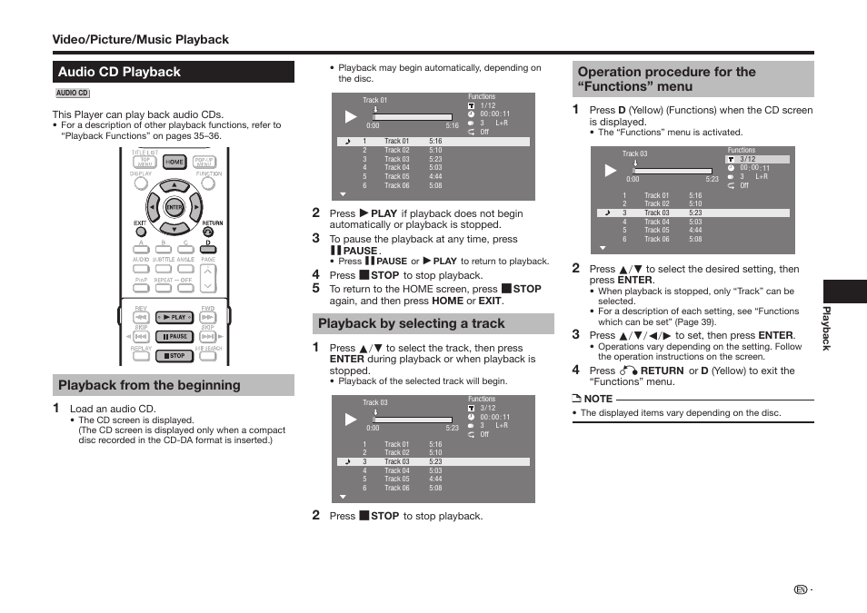 Audio cd playback, Playback from the beginning 1, Playback by selecting a track 1 | Operation procedure for the “functions” menu 1, Video/picture/music playback | Sharp BD-HP75U User Manual | Page 33 / 74