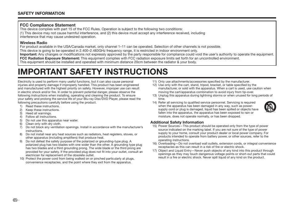 Important safety instructions | Sharp BD-HP75U User Manual | Page 4 / 74