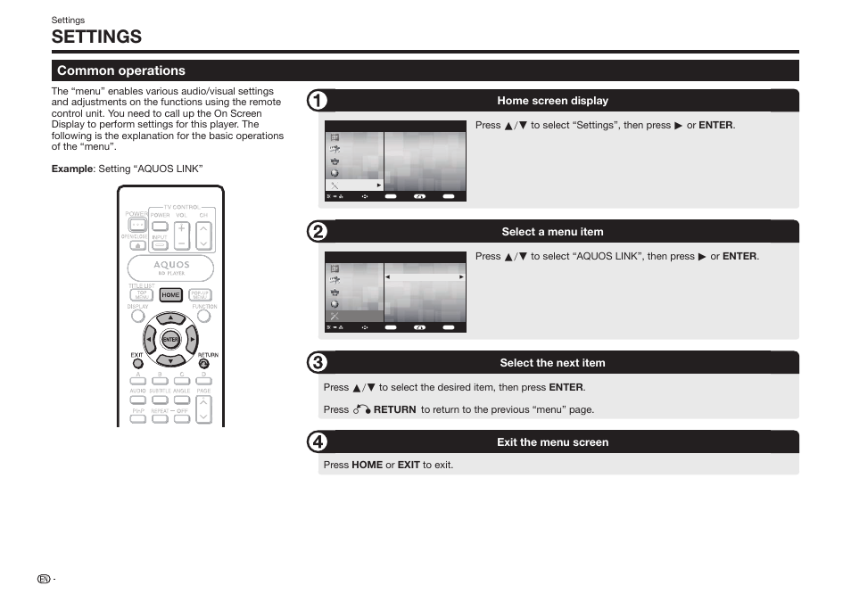 Settings, Common operations, Home screen display | Select a menu item, Select the next item, Exit the menu screen, Press home or exit to exit | Sharp BD-HP75U User Manual | Page 42 / 74