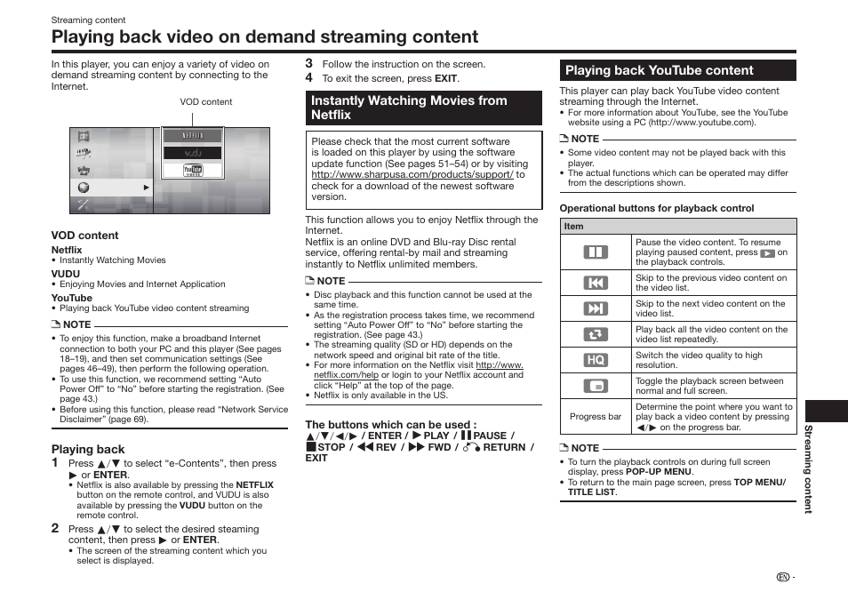 Playing back video on demand streaming content | Sharp BD-HP75U User Manual | Page 57 / 74