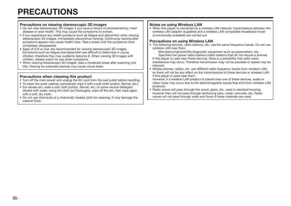 Precautions | Sharp BD-HP75U User Manual | Page 6 / 74