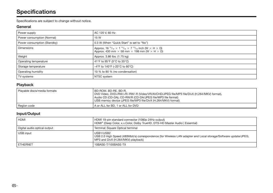 Specifications | Sharp BD-HP75U User Manual | Page 66 / 74