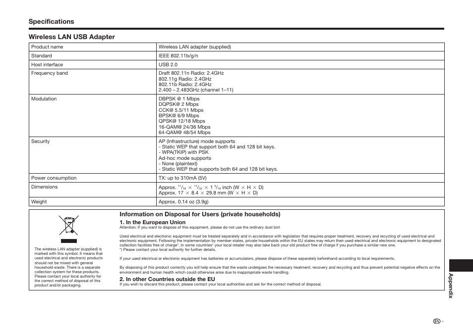 Specifications wireless lan usb adapter | Sharp BD-HP75U User Manual | Page 67 / 74