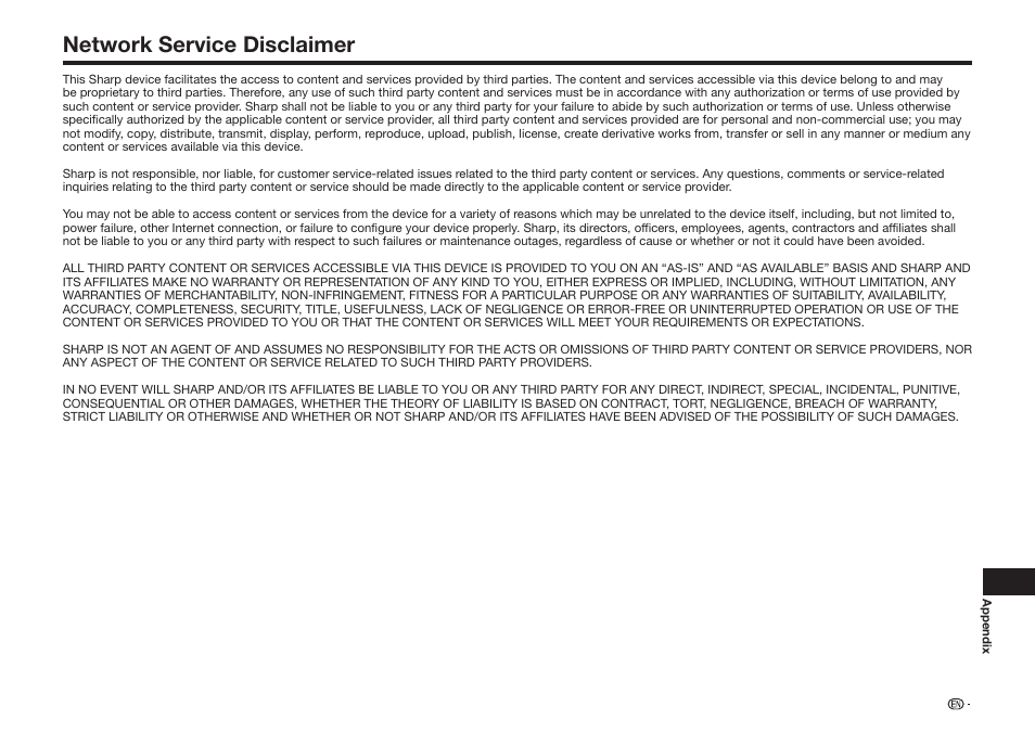 Network service disclaimer | Sharp BD-HP75U User Manual | Page 71 / 74