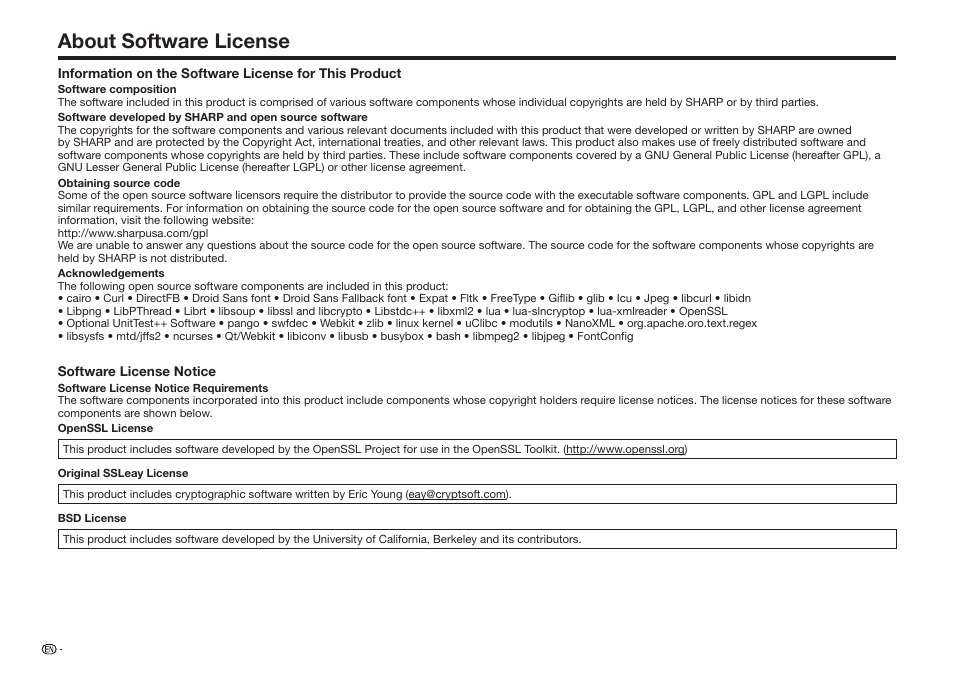 About software license | Sharp BD-HP75U User Manual | Page 72 / 74