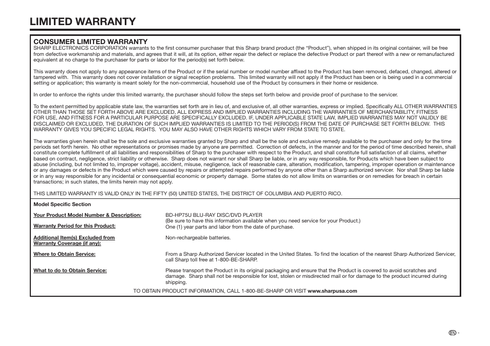 Limited warranty | Sharp BD-HP75U User Manual | Page 73 / 74