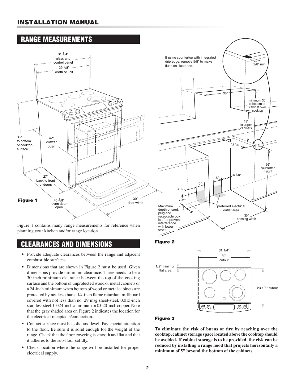 Clearances and dimensions range measurements, Installation manual | Sharp Insight Electric Rang User Manual | Page 2 / 8