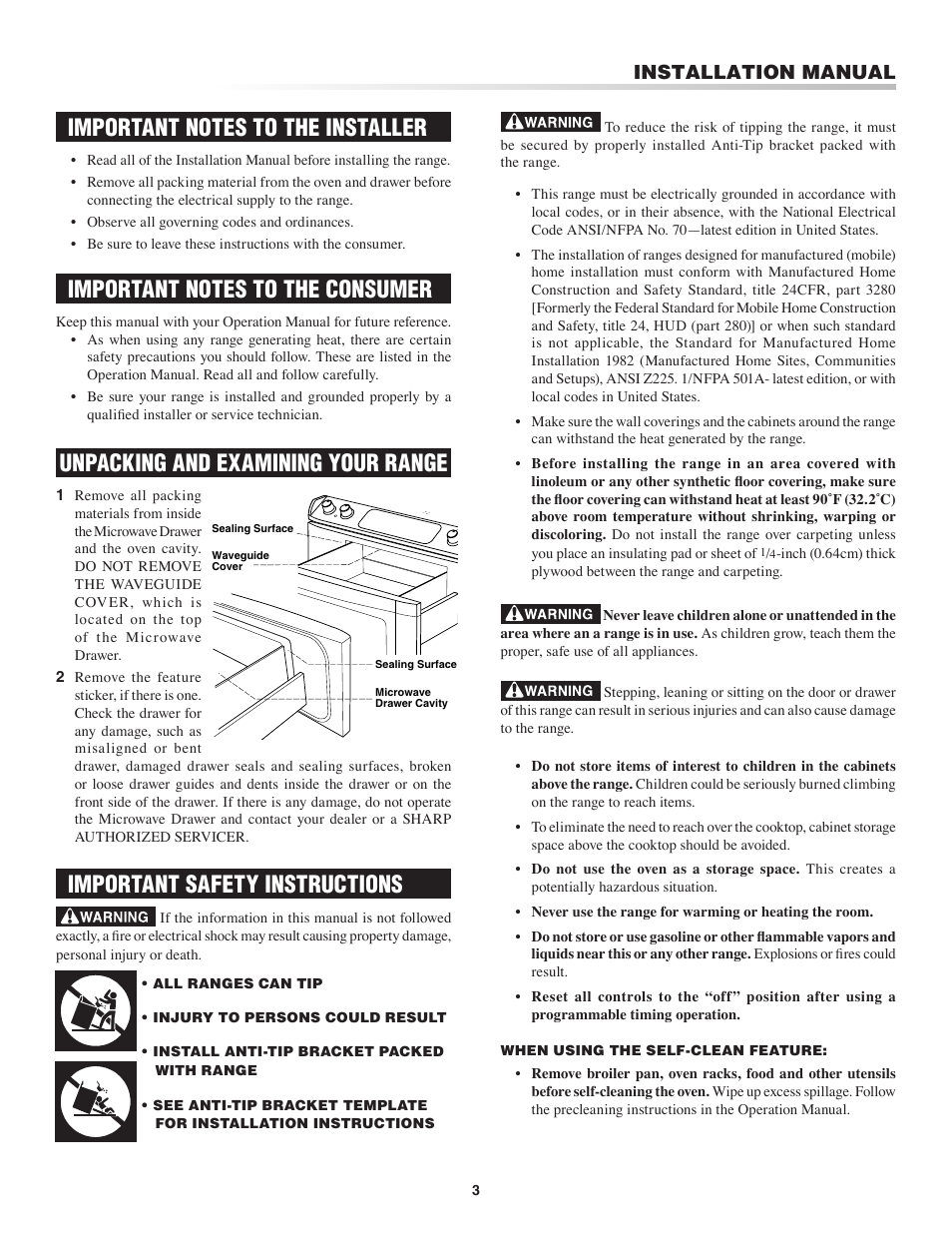 Unpacking and examining your range, Important safety instructions, Installation manual | Sharp Insight Electric Rang User Manual | Page 3 / 8