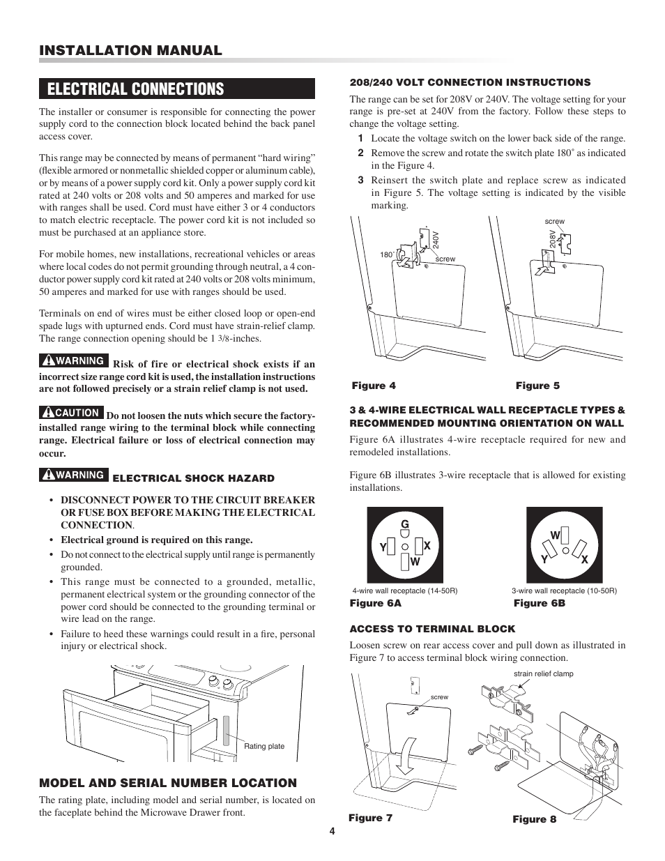 Electrical connections, Installation manual, Model and serial number location | Sharp Insight Electric Rang User Manual | Page 4 / 8